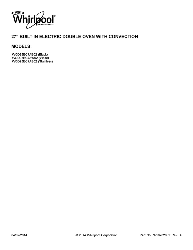 Cover Sheet Diagram and Parts List for WOD93EC7AW02  Whirlpool Wall Oven