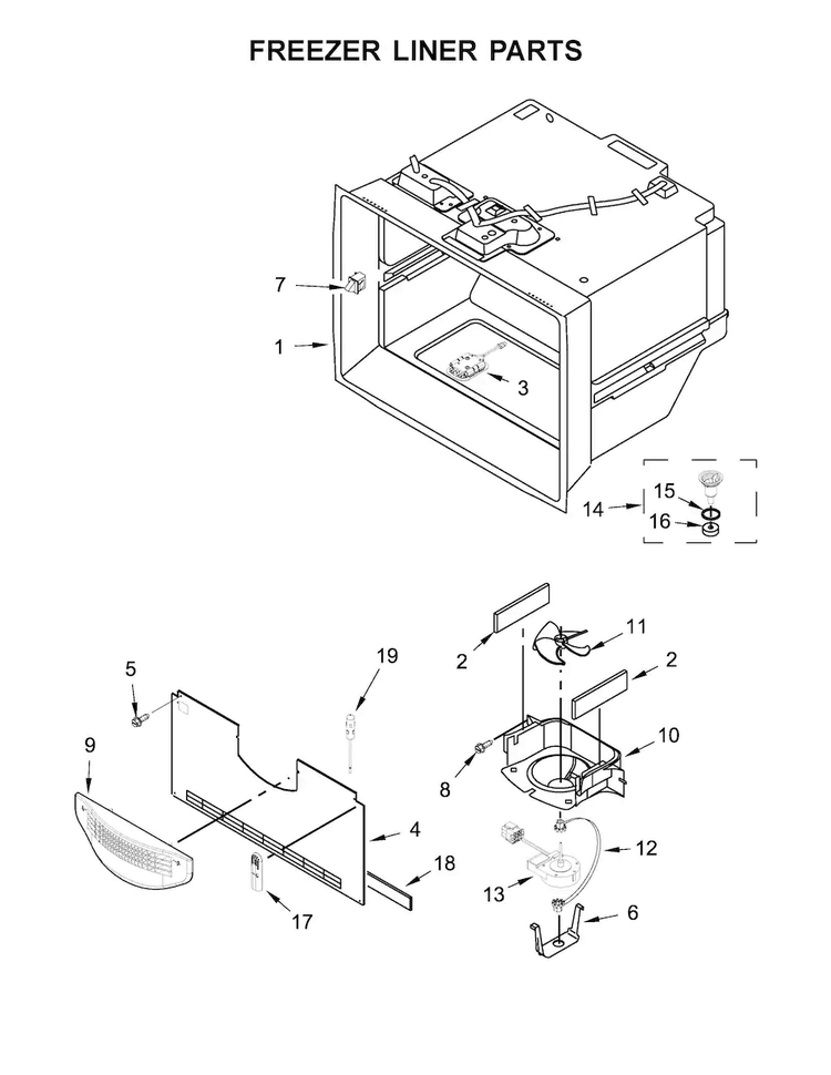 Freezer Liner Parts Diagram and Parts List for KFIV29PCMS03  KitchenAid Refrigerator