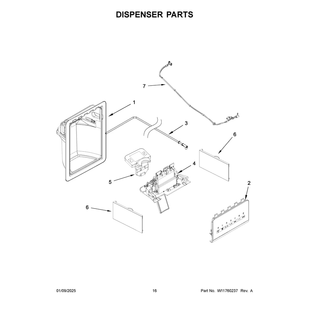 Dispenser Parts Diagram and Parts List for WRS321SDHB11  Whirlpool Refrigerator