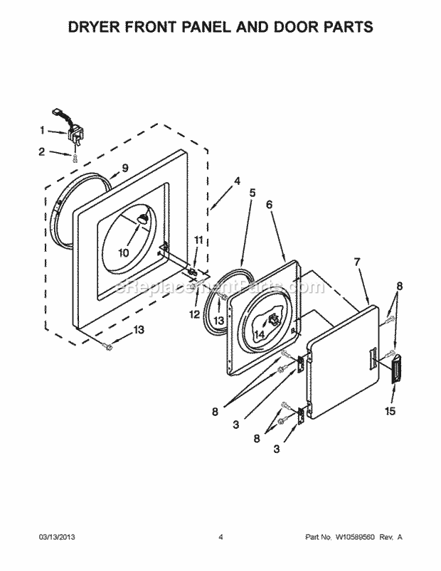 Dryer Front Panel And Door Parts Diagram and Parts List for LTE5243DQB  Whirlpool Washer Dryer Combo