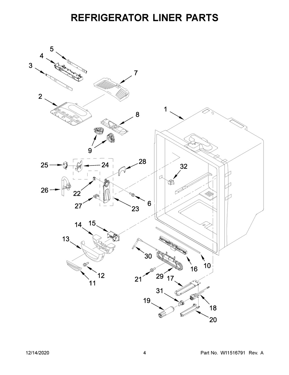 Refrigerator Liner Parts Diagram and Parts List for KRFF302EBS02  Whirlpool Refrigerator