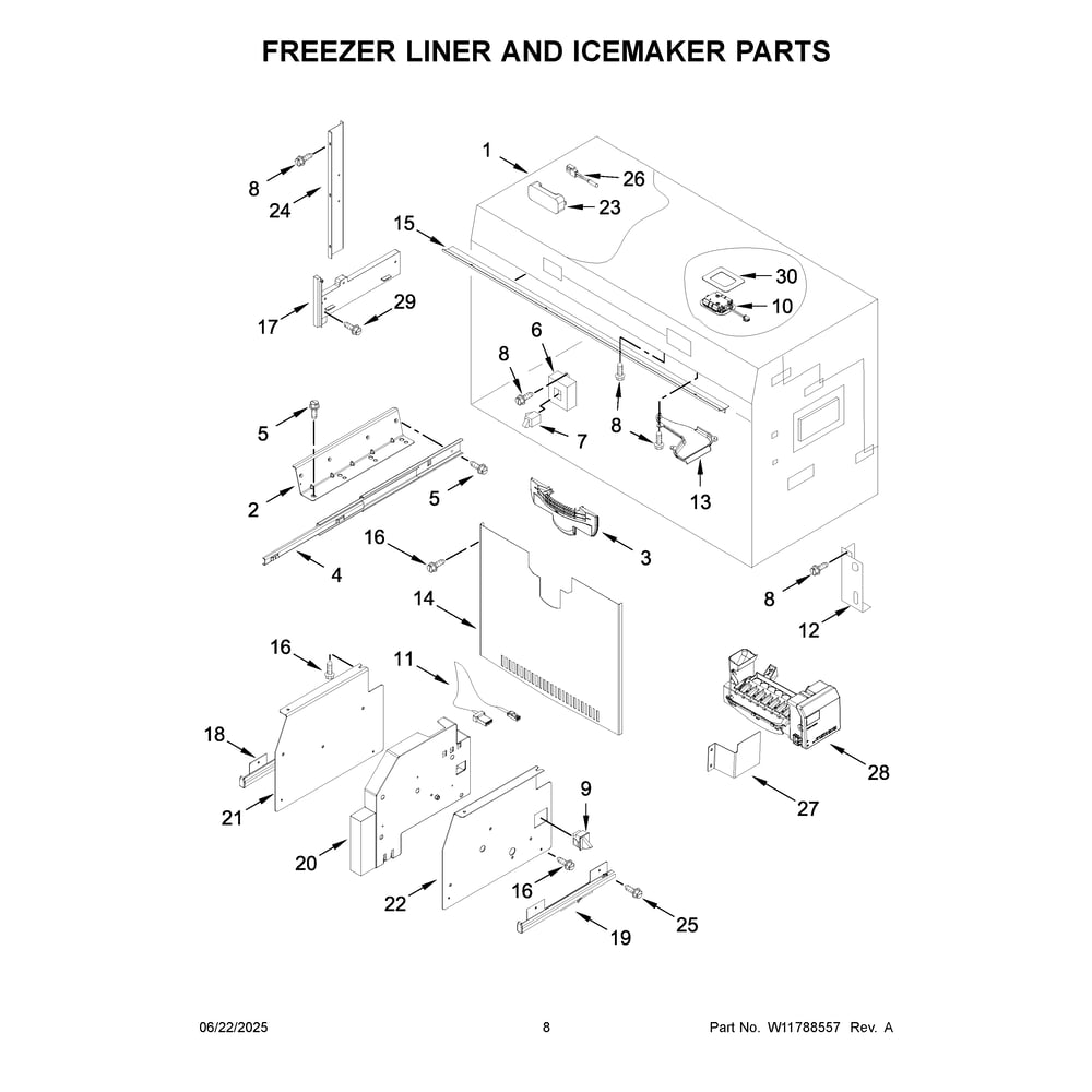 Freezer Liner And Icemaker Parts Diagram and Parts List for KBBL306ESS06  KitchenAid Refrigerator