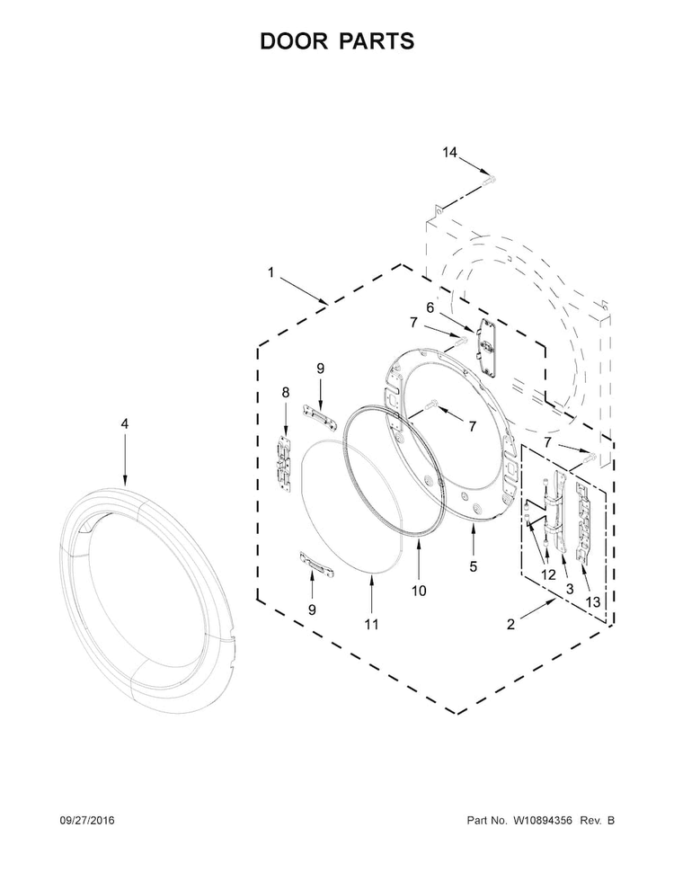 Door Parts Diagram and Parts List for WED7990FW0  Whirlpool Dryer