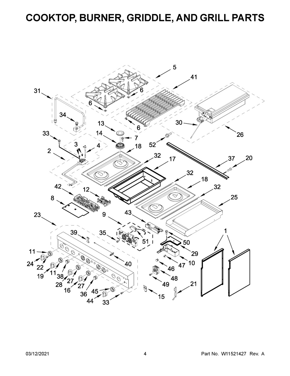 Cooktop, Burner, Griddle, And Grill Parts Diagram and Parts List for JDRP748HL01  Whirlpool Range