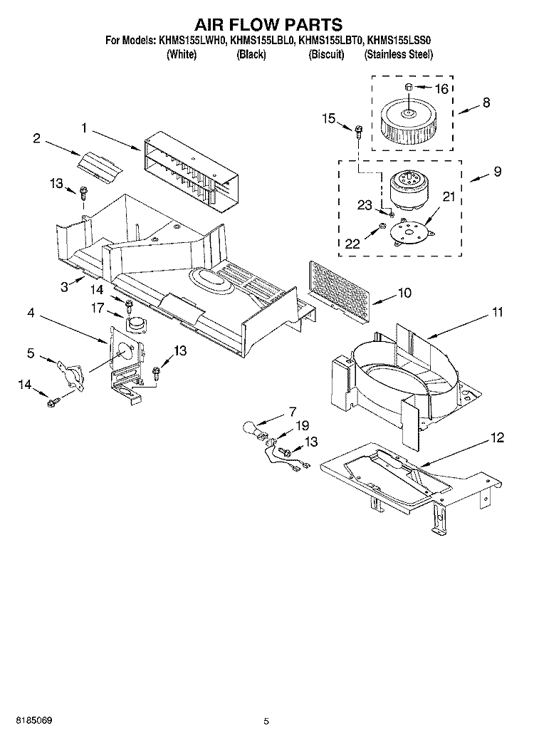 AIR FLOW Diagram and Parts List for KHMS155LBT0  KitchenAid Microwave