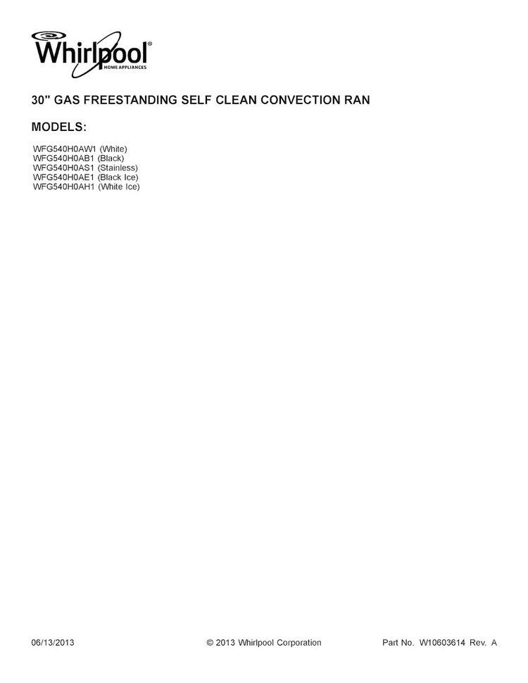 Cover Sheet Diagram and Parts List for WFG540H0AB1  Whirlpool Range