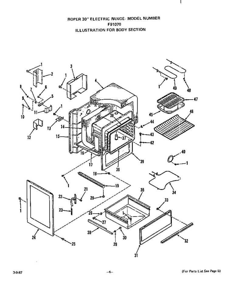 Body Diagram and Parts List for F9107*0  Roper Range