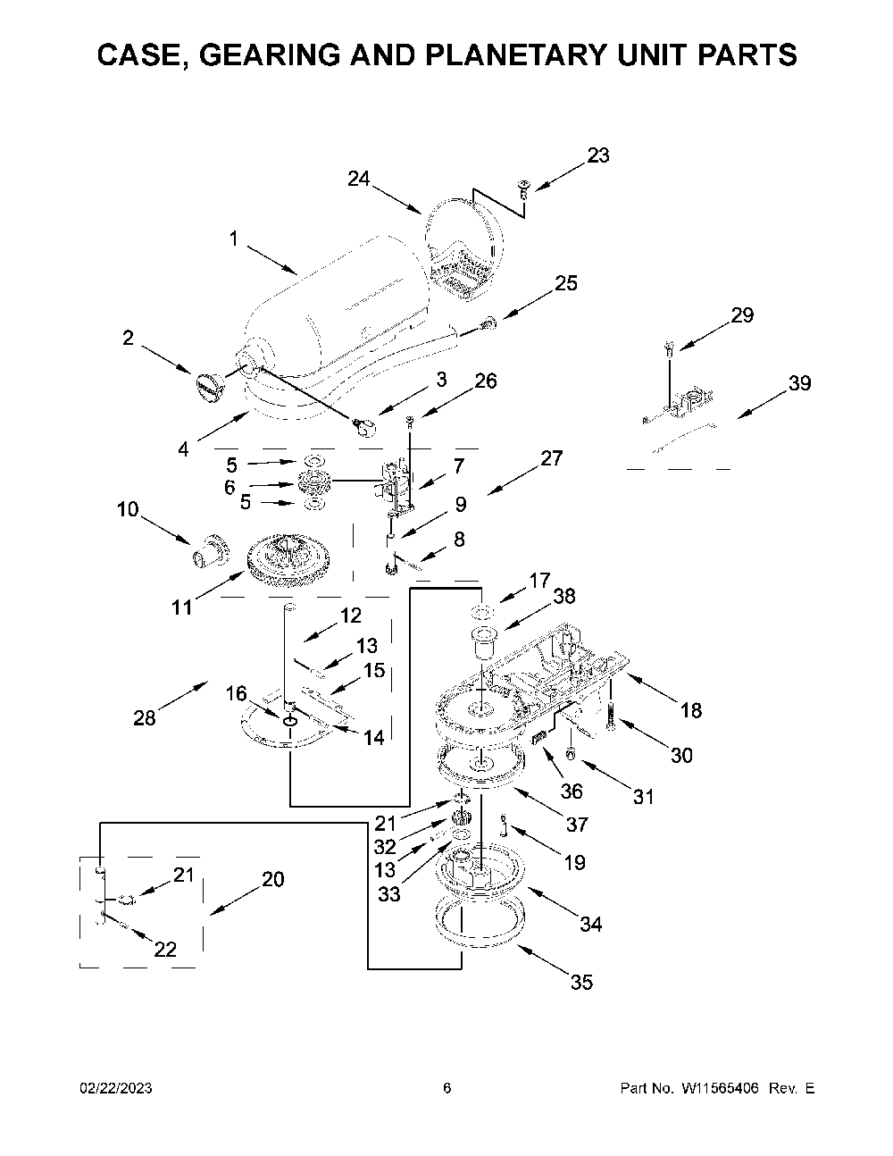 Case, Gearing And Planetary Unit Parts Diagram and Parts List for 5KSM195PSAHI0  KitchenAid Mixer