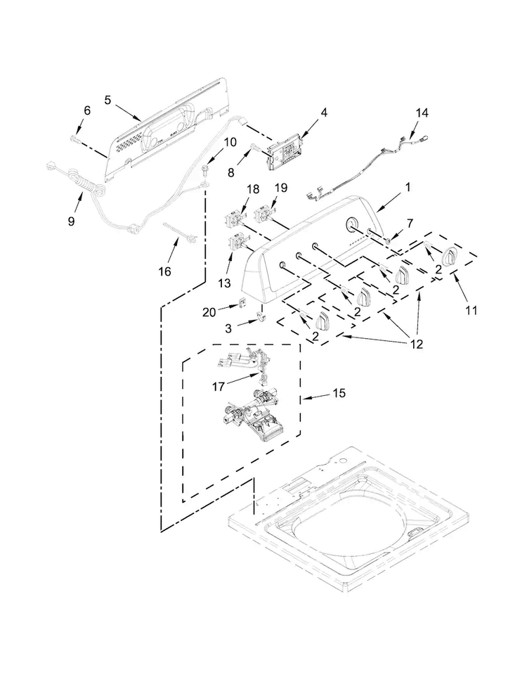 Controls And Water Inlet Parts Diagram and Parts List for 11022332510  Kenmore Washer