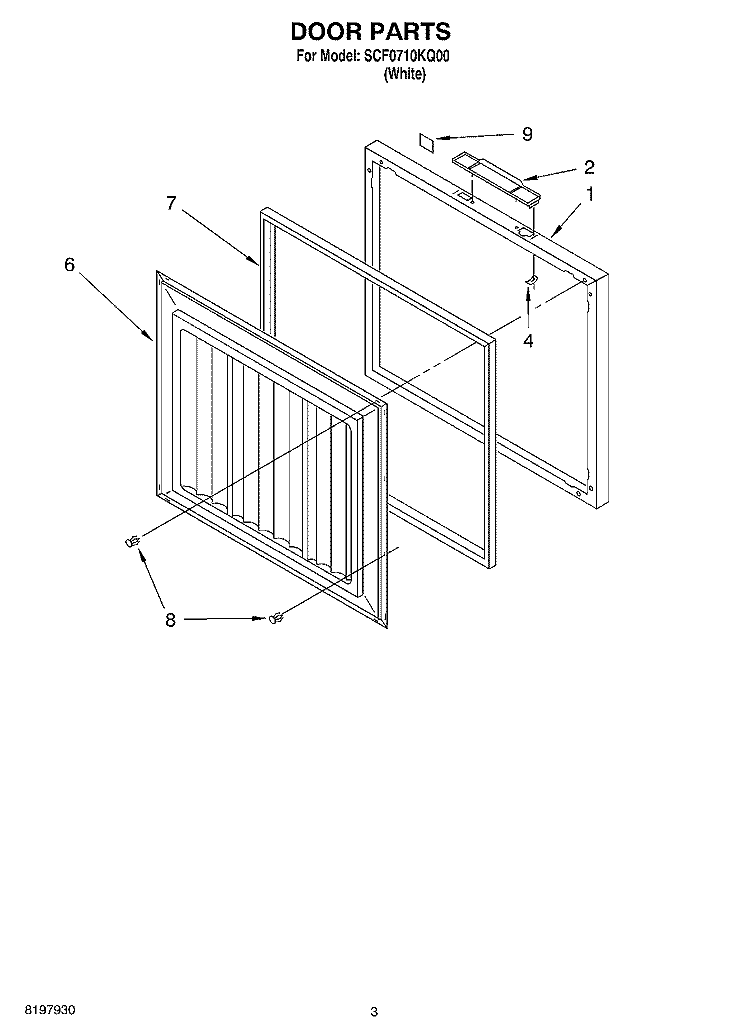 DOOR Diagram and Parts List for SCF0710KQ00  Whirlpool Freezer