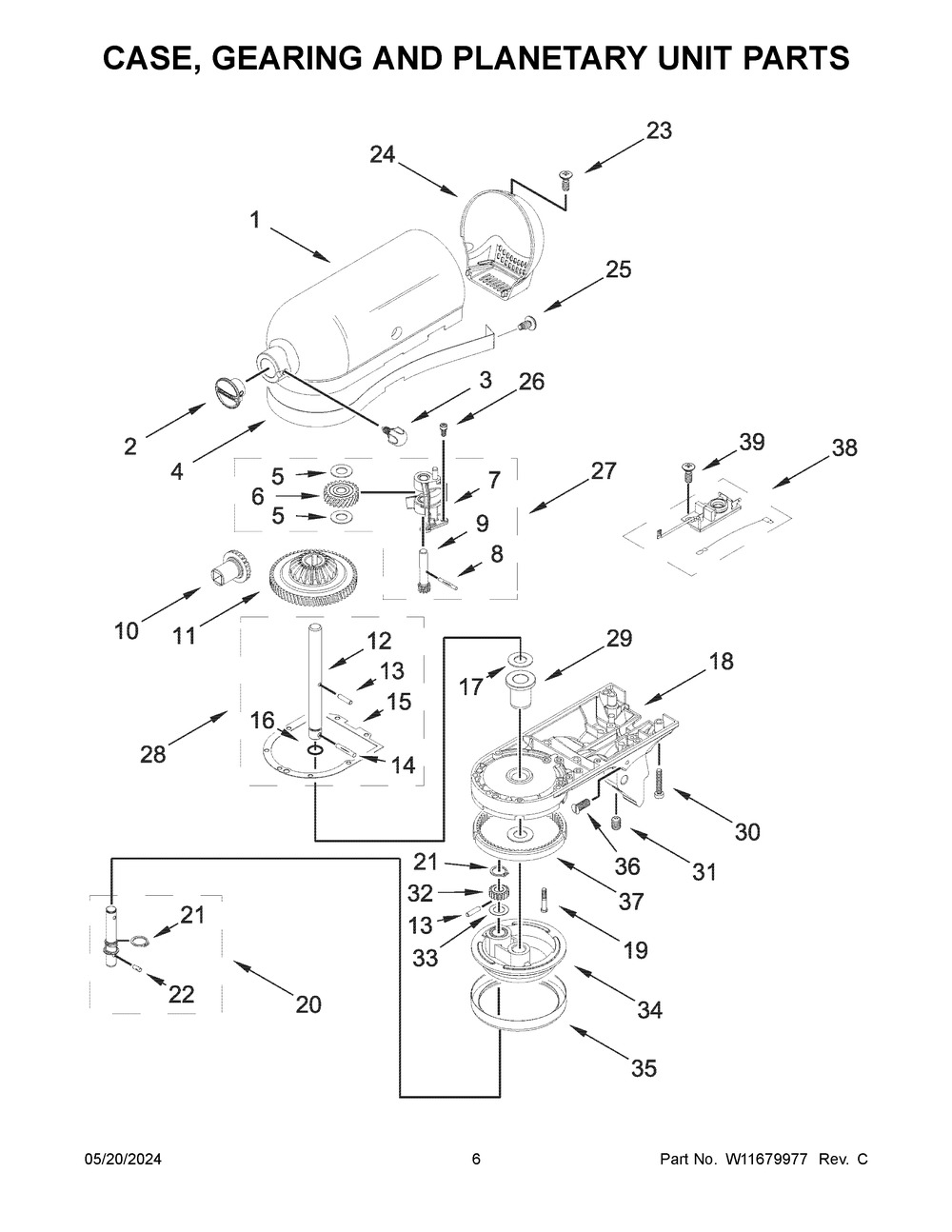 Case, Gearing And Planetary Unit Parts Diagram and Parts List for 5KSM125BPL5  KitchenAid Mixer