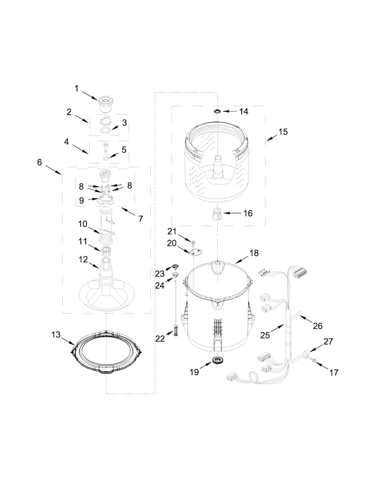 Basket And Tub Parts Diagram and Parts List for WTW4850BW2  Whirlpool Washer