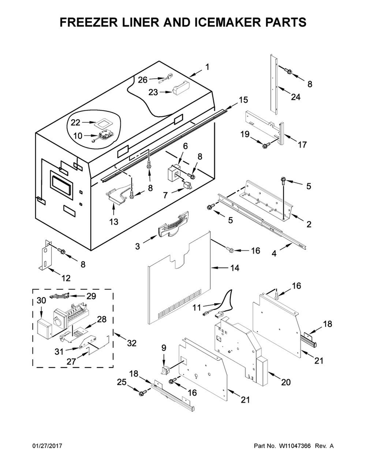 Freezer Liner And Icemaker Parts Diagram and Parts List for KBBR306ESS01  KitchenAid Refrigerator