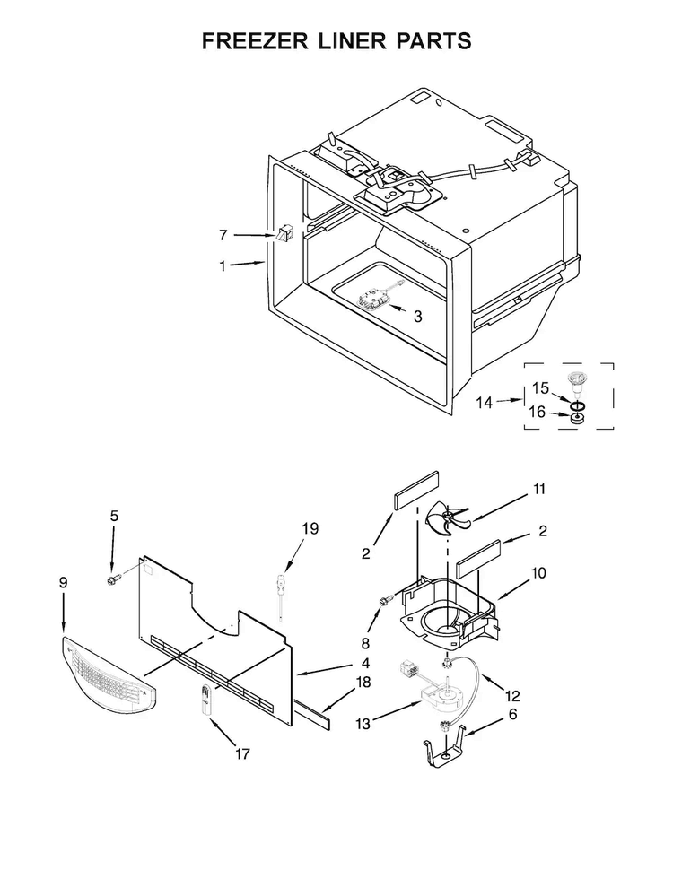 Freezer Liner Parts Diagram and Parts List for KFIS29PBMS02  KitchenAid Refrigerator