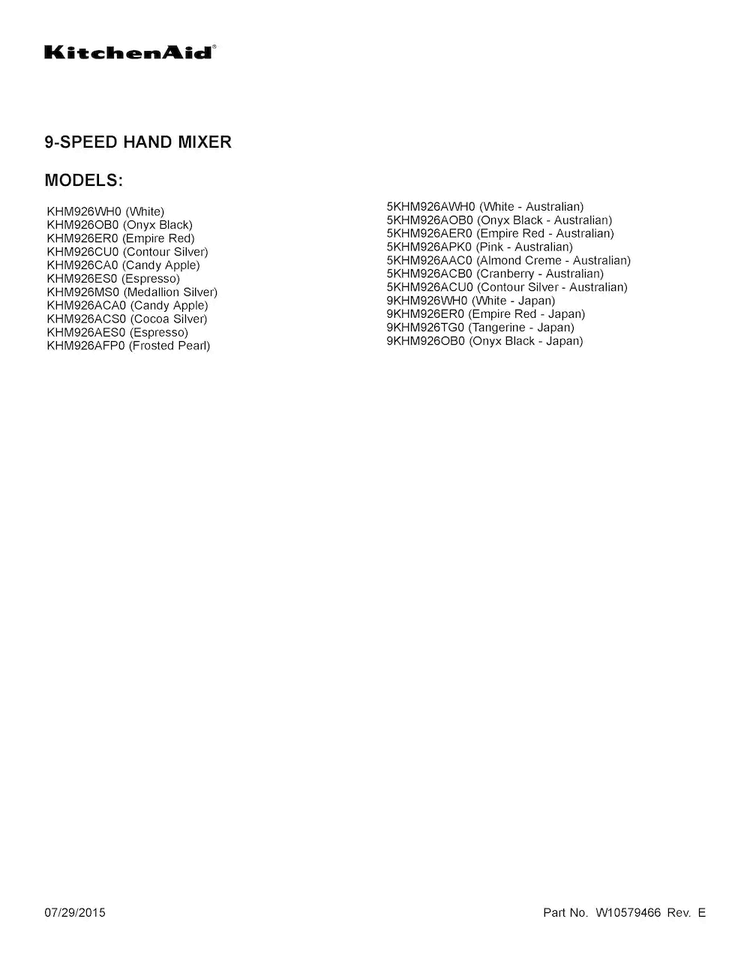 Cover Sheet Diagram and Parts List for 5KHM926ACU0  KitchenAid Mixer