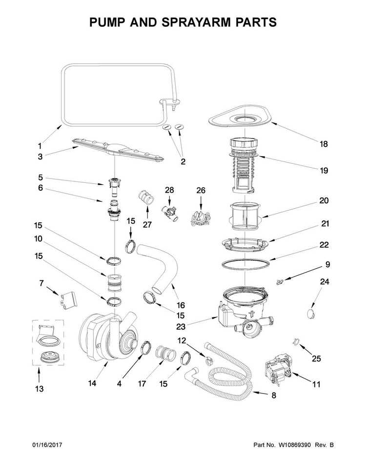Pump And Sprayarm Parts Diagram and Parts List for UDT555SAFP0  Whirlpool Dishwasher