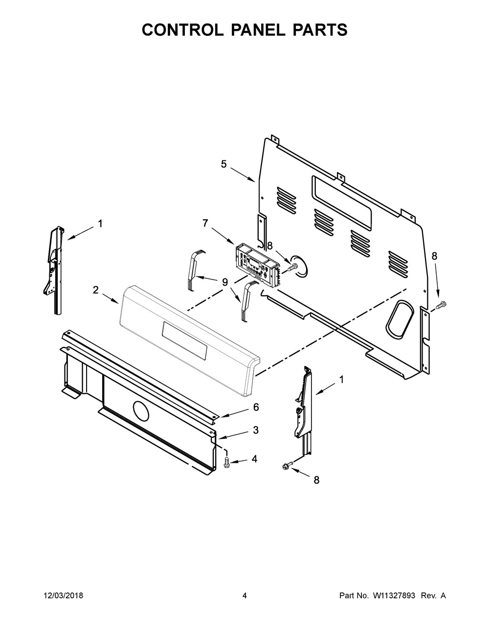 Control Panel Parts Diagram and Parts List for WFE520S0FS2  Whirlpool Range