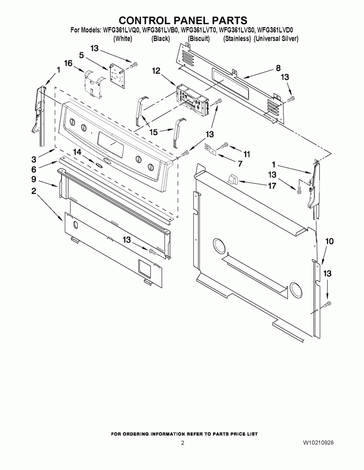 CONTROL PANEL PARTS Diagram and Parts List for WFG361LVT0  Whirlpool Range