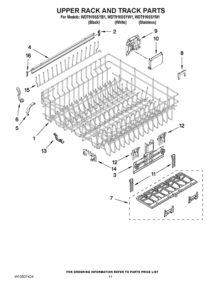 UPPER RACK AND TRACK PARTS Diagram and Parts List for WDT910SSYW1  Whirlpool Dishwasher