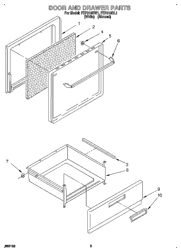 DOOR AND DRAWER Diagram and Parts List for FEP310BL1  Roper Range