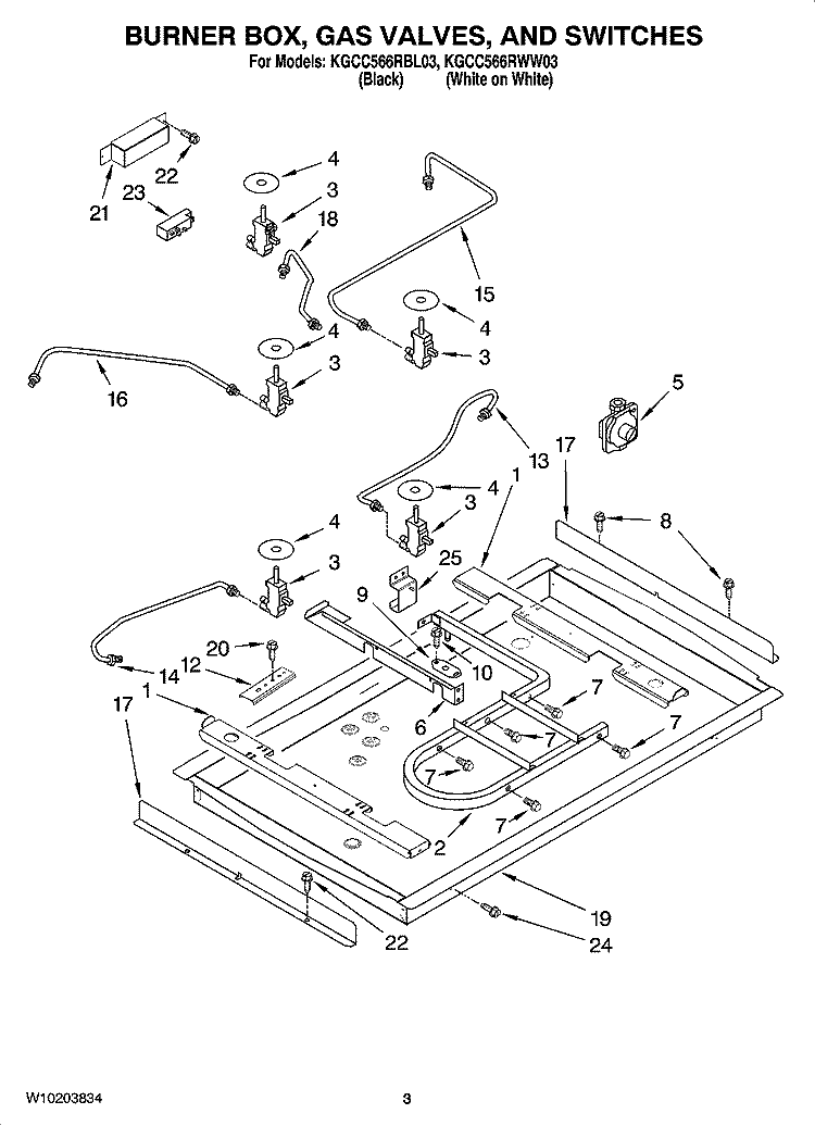 BURNER BOX, GAS VALVES, AND SWITCHES, OPTIONAL PARTS Diagram and Parts List for KGCC566RWW03  KitchenAid Cooktop