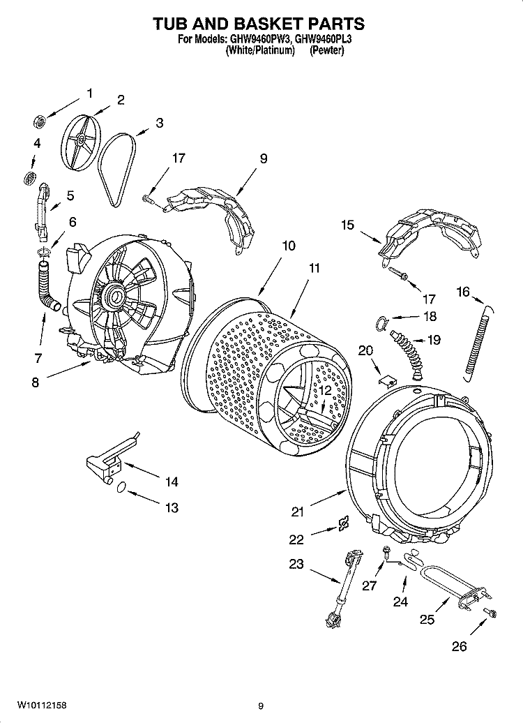 TUB AND BASKET PARTS Diagram and Parts List for GHW9460PL3  Whirlpool Washer