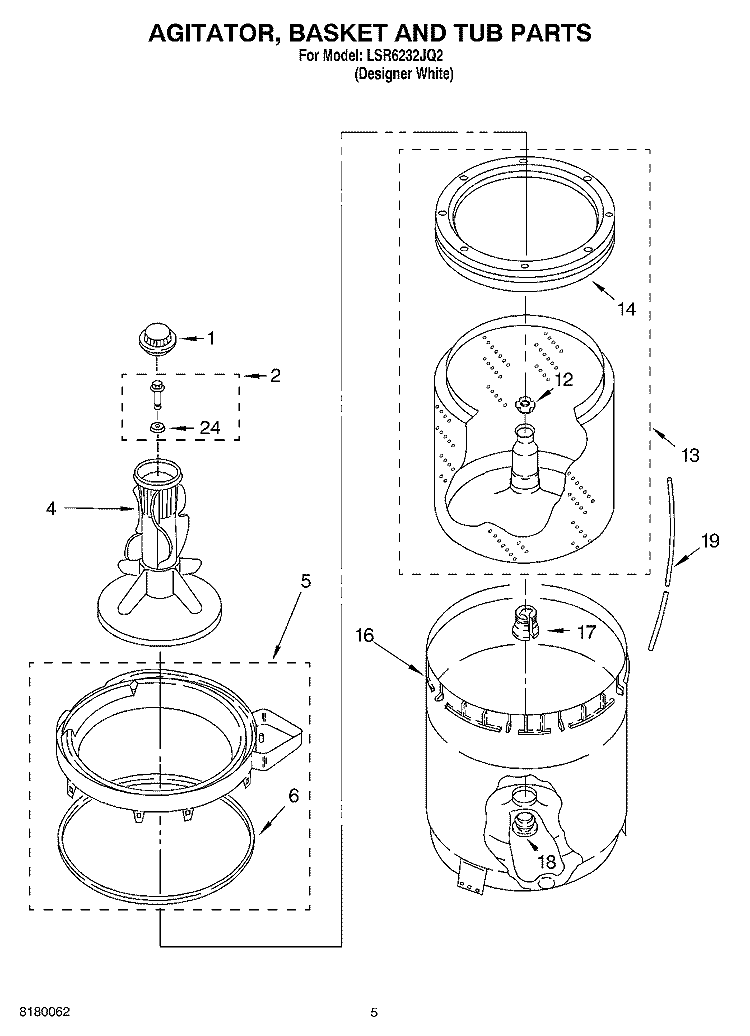 AGITATOR, BASKET AND TUB PARTS Diagram and Parts List for LSR6232JQ2  Whirlpool Washer