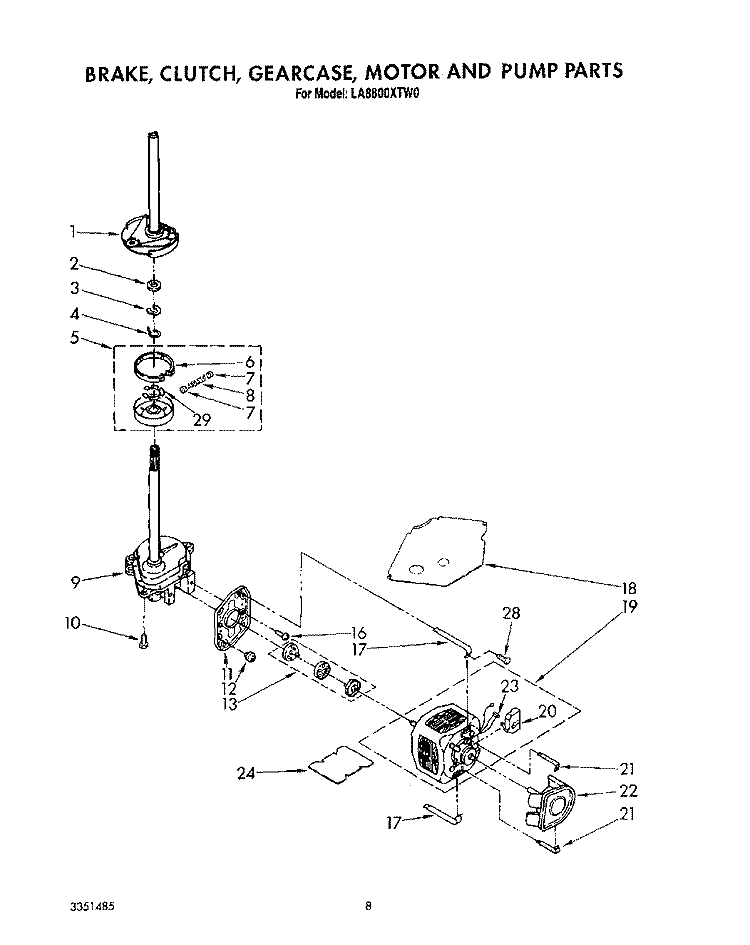 BRAKE, CLUTCH, GEARCASE, MOTOR AND PUMP Diagram and Parts List for LA8800XTF0  Whirlpool Washer