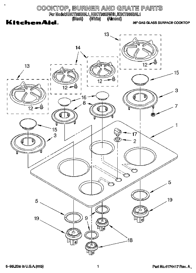 COOKTOP, BURNER AND GRATE Diagram and Parts List for KGCT365BAL1  KitchenAid Cooktop