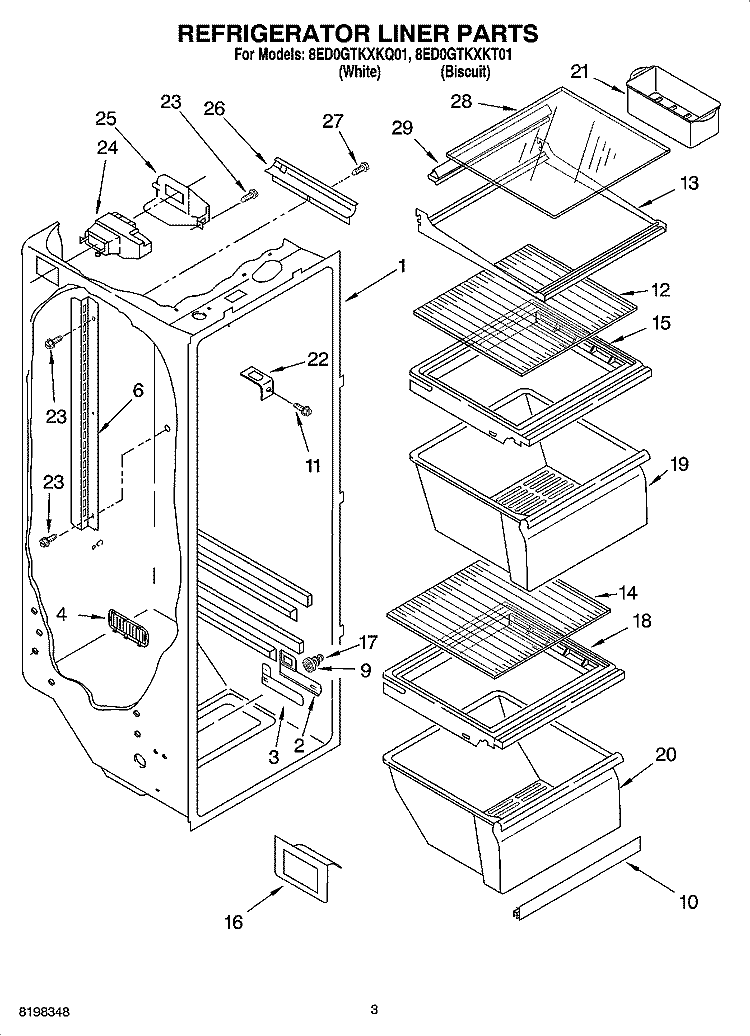 REFRIGERATOR LINER PARTS Diagram and Parts List for 8ED0GTKXKQ01  Whirlpool Refrigerator