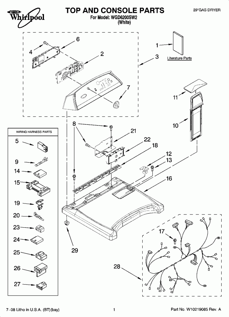 TOP AND CONSOLE PARTS Diagram and Parts List for WGD6200SW2  Whirlpool Dryer