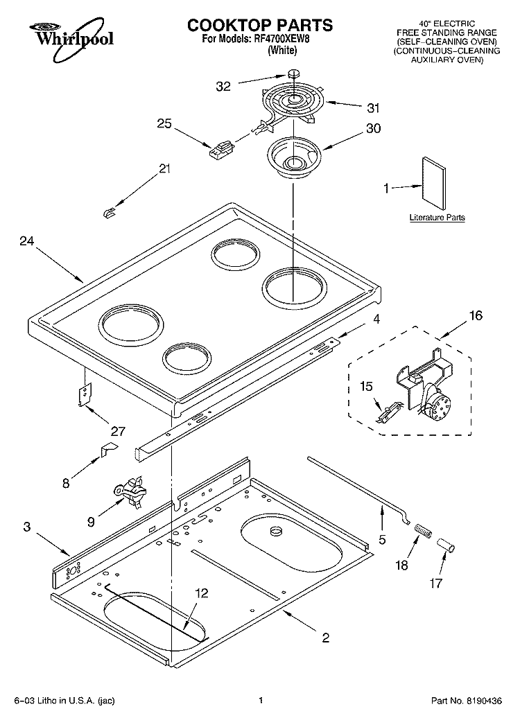 COOKTOP PARTS Diagram and Parts List for RF4700XEW8  Whirlpool Range