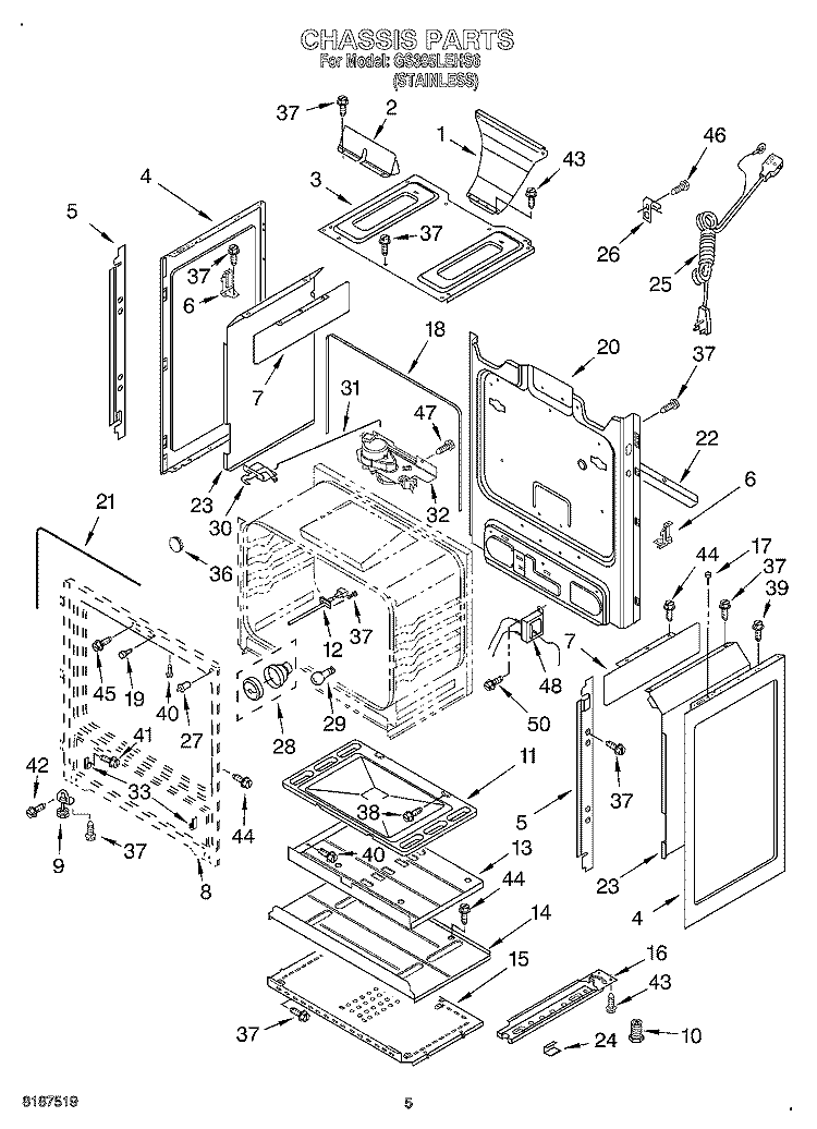 CHASSIS Diagram and Parts List for GS395LEHS6  Whirlpool Range