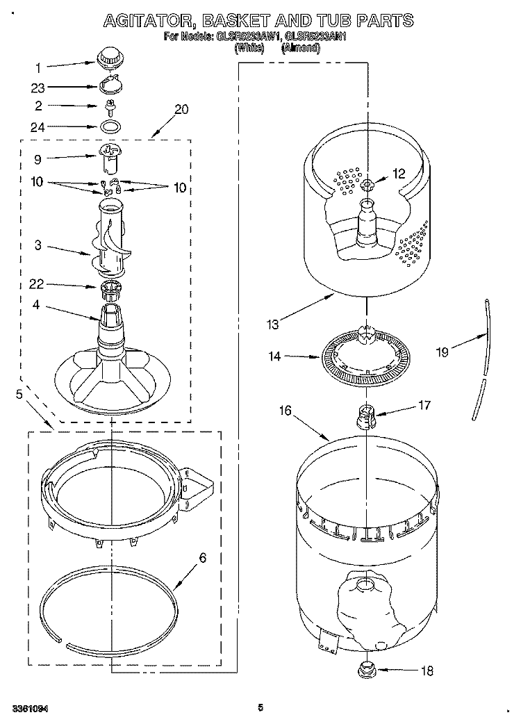 AGITATOR, BASKET AND TUB Diagram and Parts List for GLSR5233AW1  Whirlpool Washer