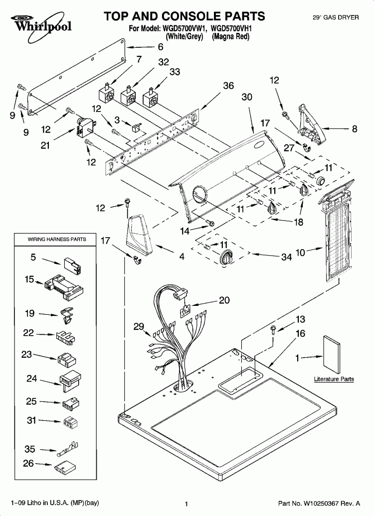 TOP AND CONSOLE PARTS Diagram and Parts List for WGD5700VH1  Whirlpool Dryer