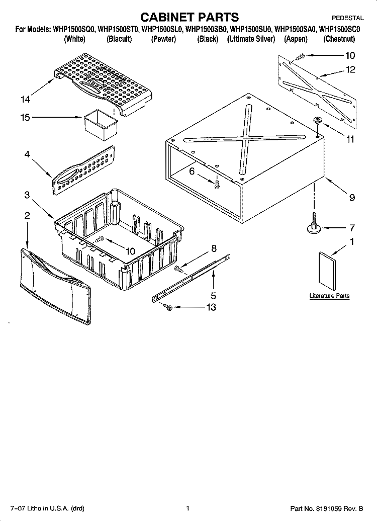 CABINET PARTS Diagram and Parts List for WHP1500SA0  Whirlpool Laundry Accessories