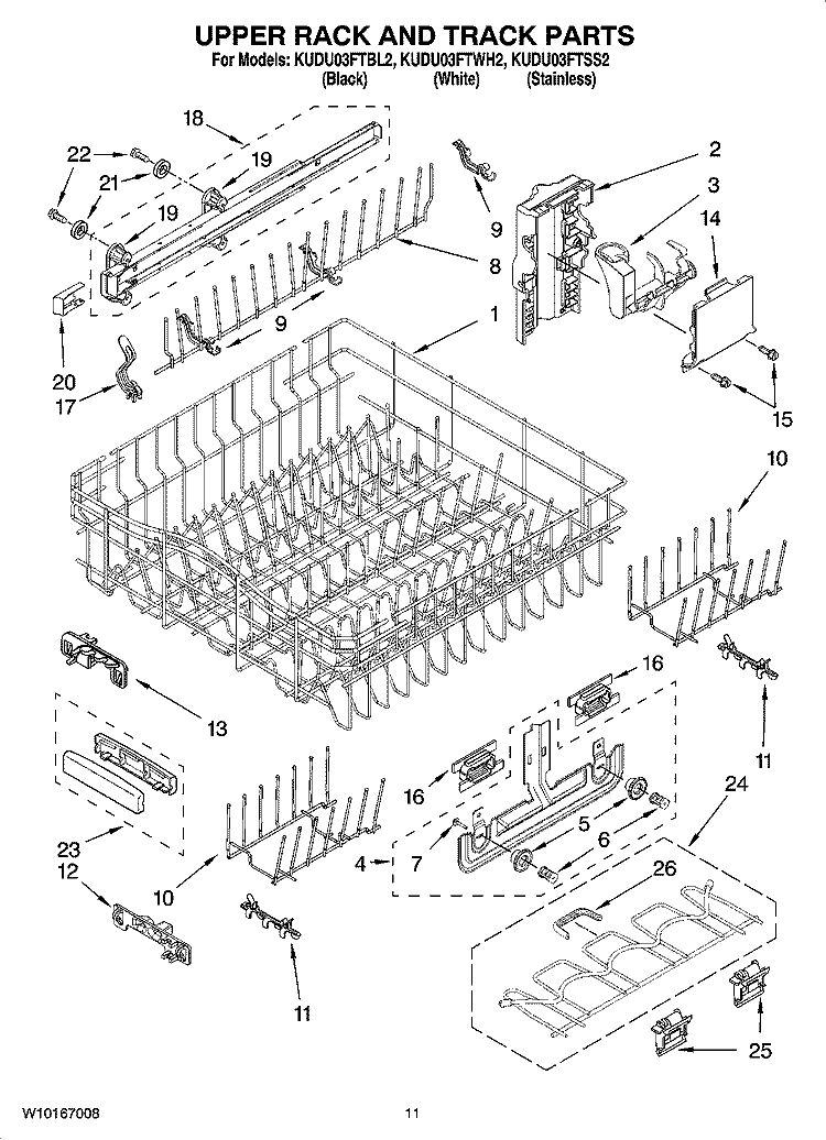 UPPER RACK AND TRACK PARTS Diagram and Parts List for KUDU03FTBL2  KitchenAid Dishwasher