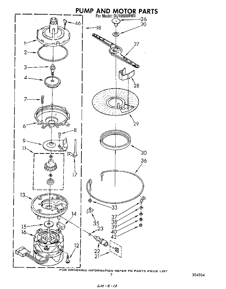 PUMP AND MOTOR Diagram and Parts List for DU1098XRW0  Whirlpool Dishwasher