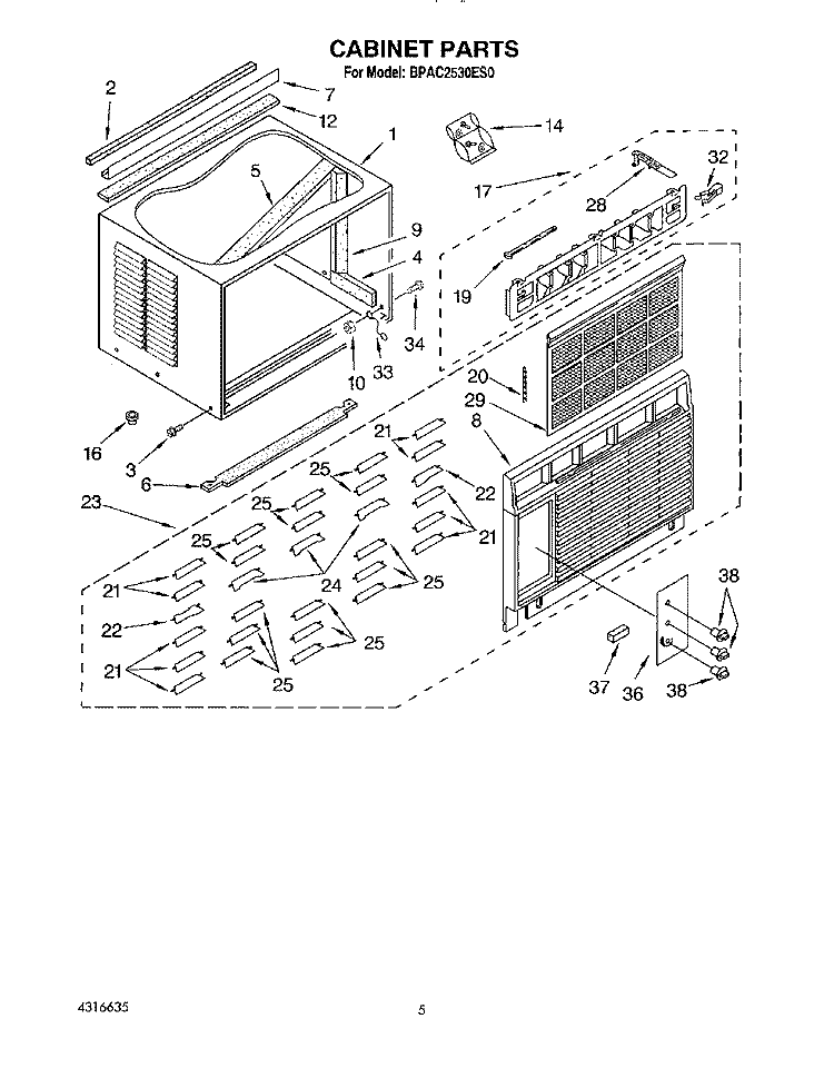 CABINET Diagram and Parts List for BPAC2530ES0  KitchenAid Air Conditioner