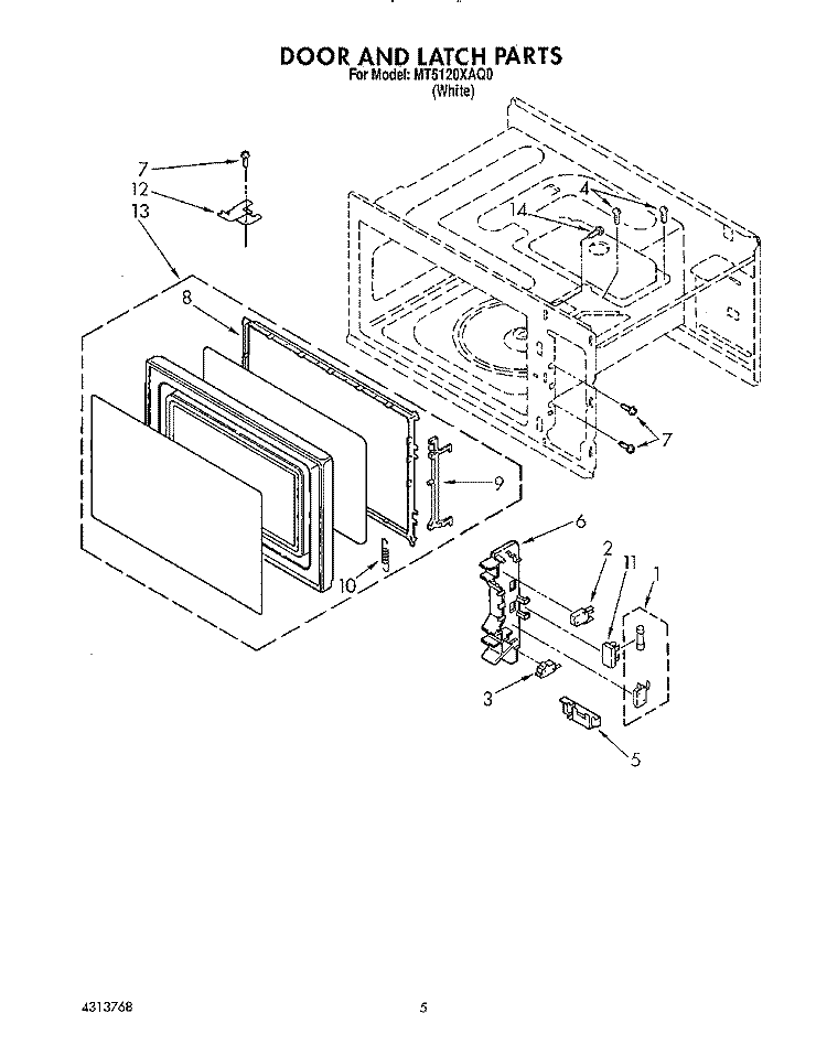 DOOR AND LATCH Diagram and Parts List for MT5120XAQ0  Whirlpool Microwave