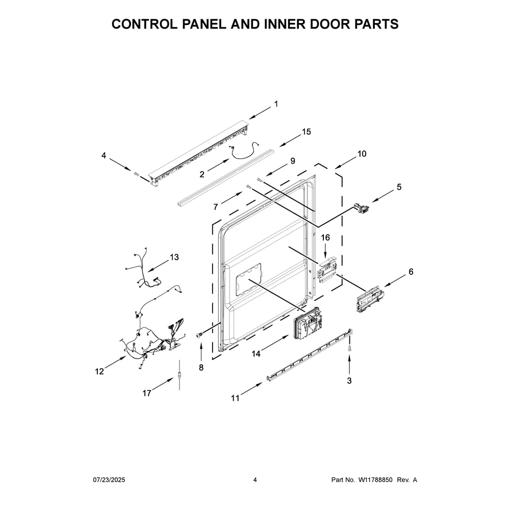 Control Panel And Inner Door Parts Diagram and Parts List for KDTS324SPS0  KitchenAid Dishwasher