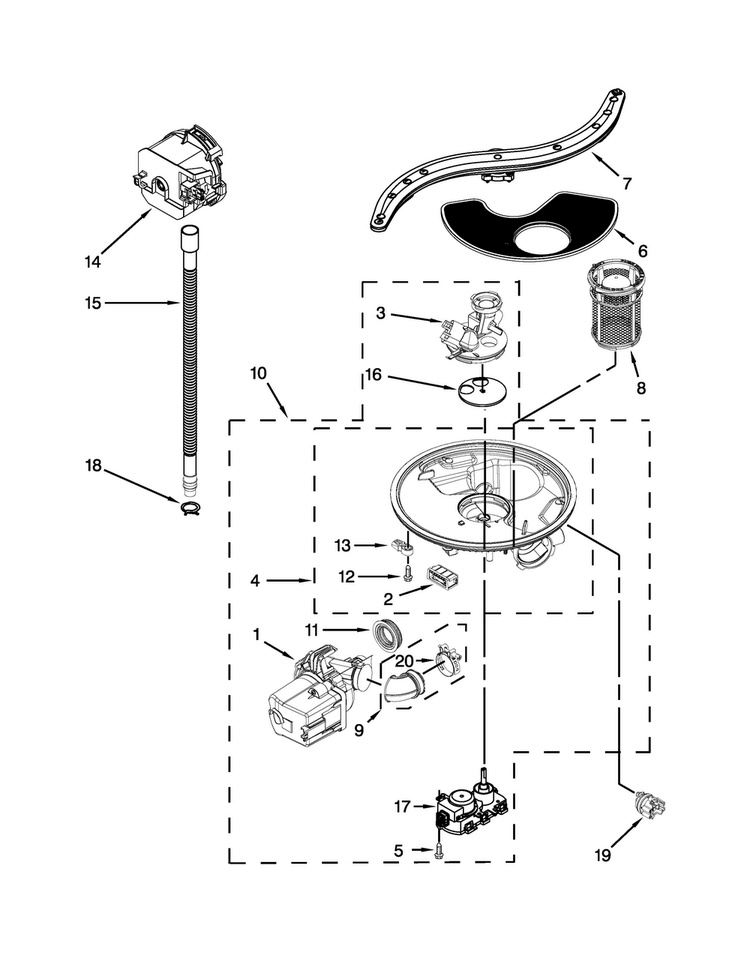 Pump, Washarm And Motor Parts Diagram and Parts List for KUDL15FXSS7  KitchenAid Dishwasher