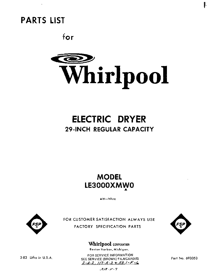 SECTION Diagram and Parts List for LE3000XMW0  Whirlpool Dryer