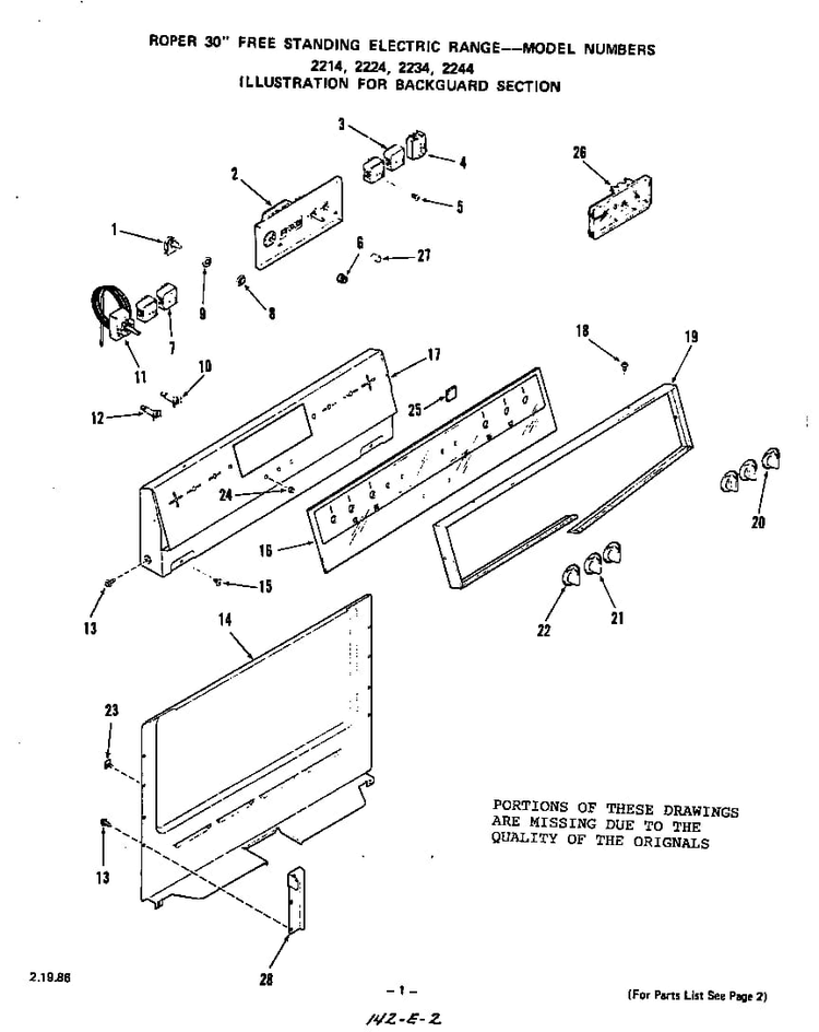 Backguard Diagram and Parts List for 2234*2A  Roper Range