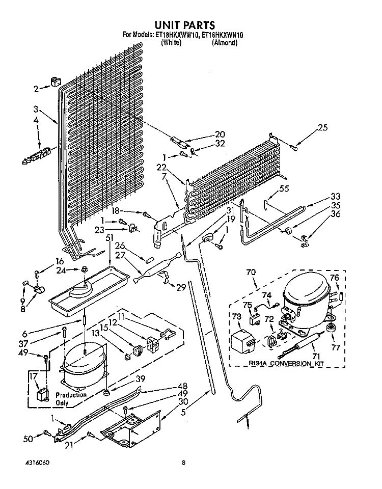 UNIT Diagram and Parts List for ET18HKXWW10  Whirlpool Refrigerator
