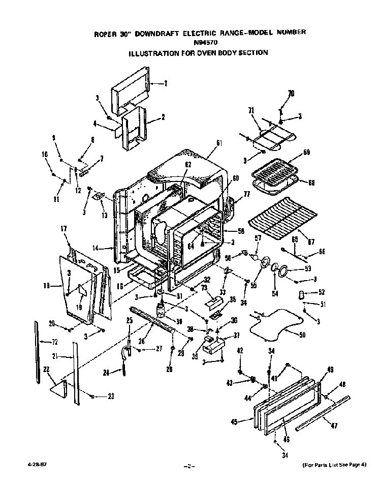 Oven Body Diagram and Parts List for N9457*0  Roper Range