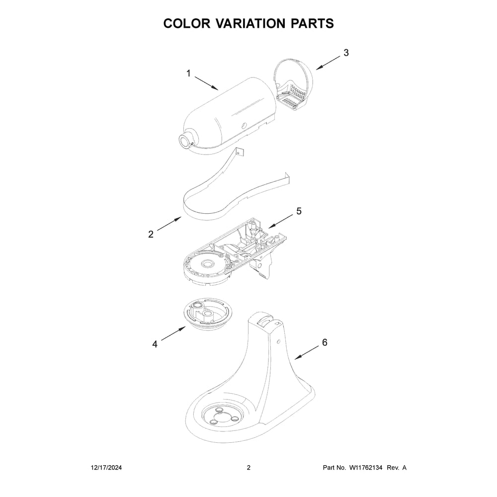 Color Variation Parts Diagram and Parts List for 5KSM180WSEEG6  KitchenAid Mixer