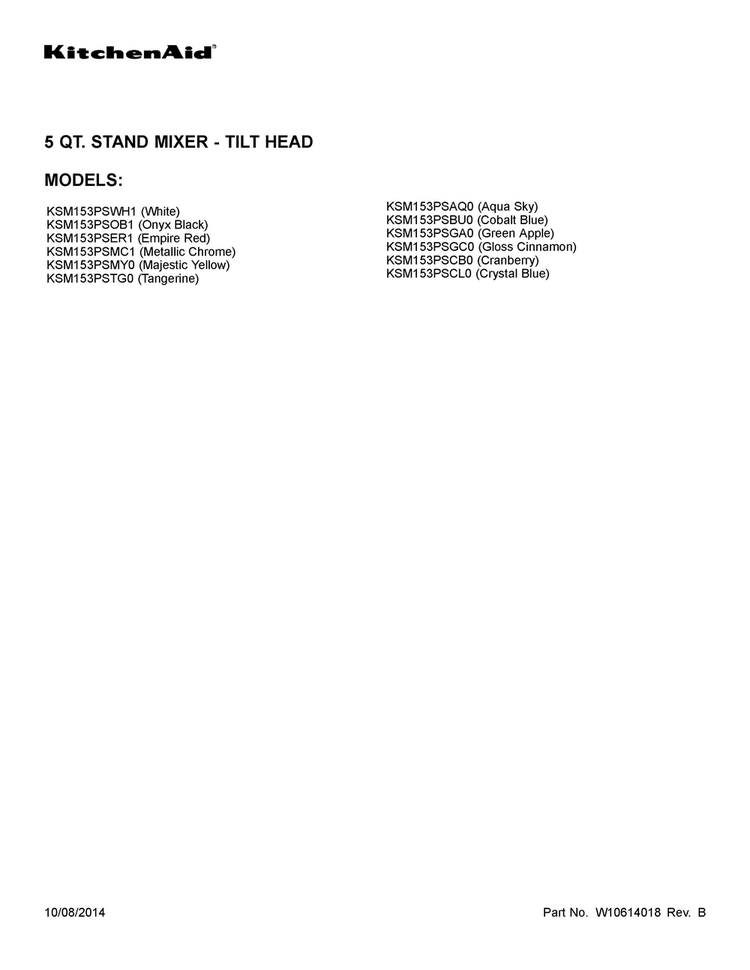 Cover Sheet Diagram and Parts List for KSM153PSAQ0  KitchenAid Mixer