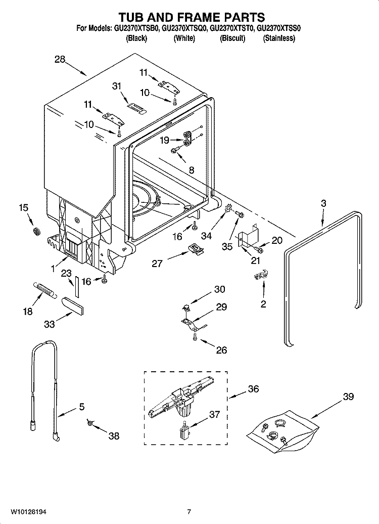 TUB AND FRAME PARTS Diagram and Parts List for GU2370XTST0  Whirlpool Dishwasher