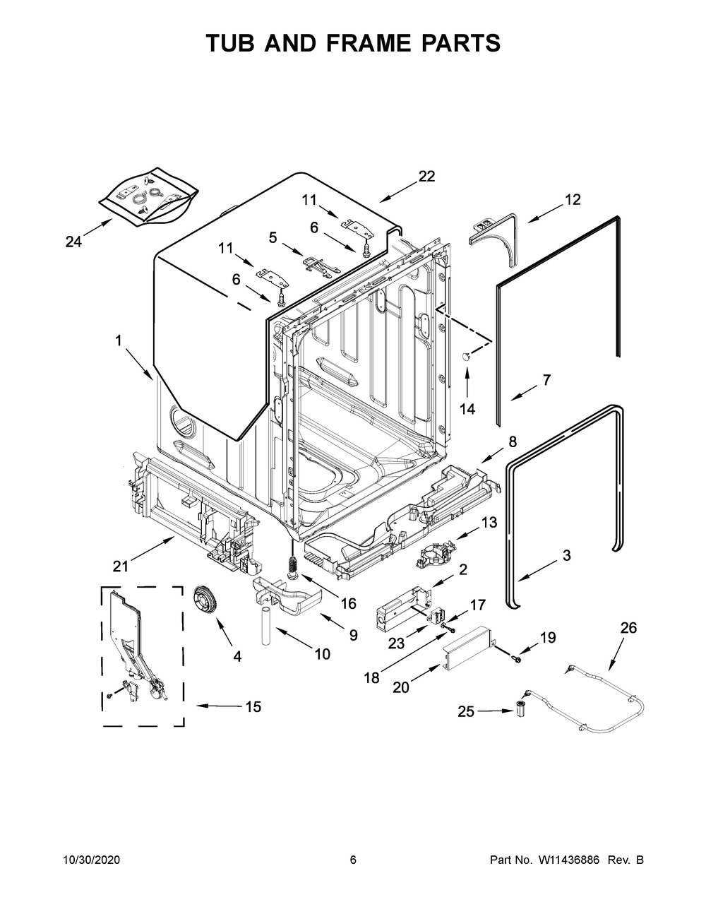 Tub And Frame Parts Diagram and Parts List for KDPM704KPS0  Whirlpool Dishwasher